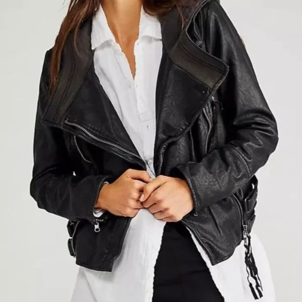 Free People Cleo Hooded Vegan Leather Moto Jacket in black